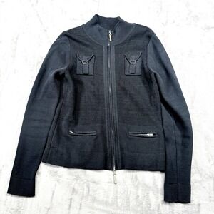 Cardigan Sweater Jacket Womans M Navy Blue Full Zip Lng Sleeve Cotton Blend OLO